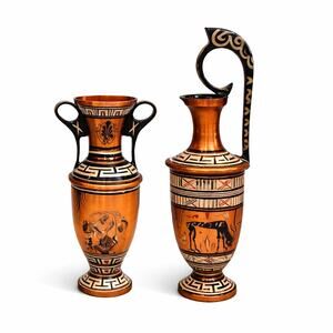 Vintage Greek Copper Vase Set Amphora & Ewer Handmade Greece Black Figure